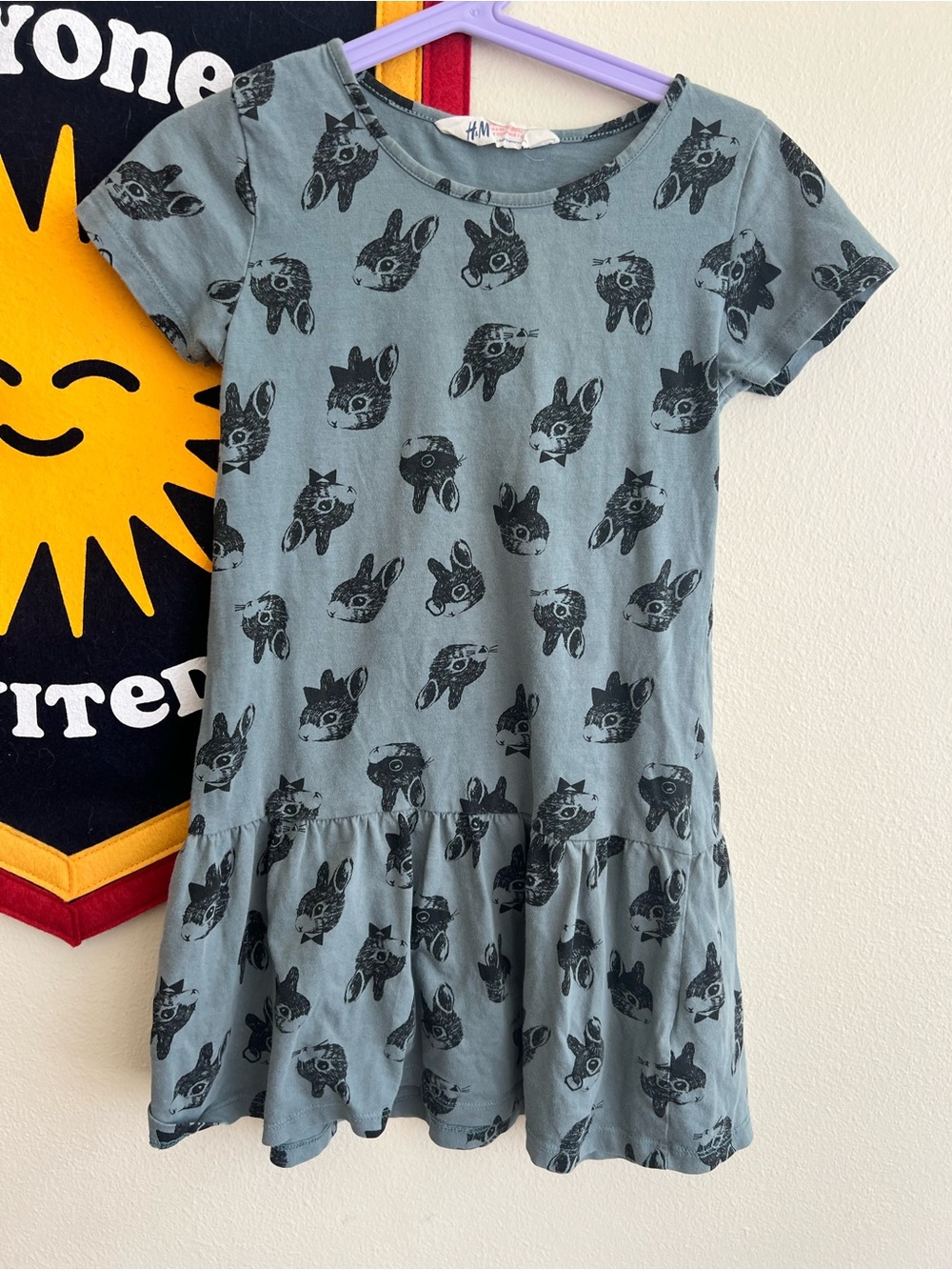 H&M Blue Short Sleeve Bunny Print Casual Dress